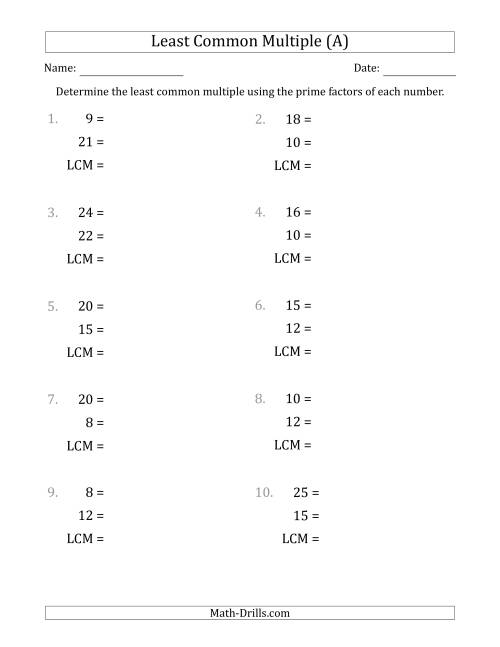 The Least Common Multiples of Numbers to 25 from Prime Factors with LCM's Not Equal to Numbers or Products (A) Math Worksheet