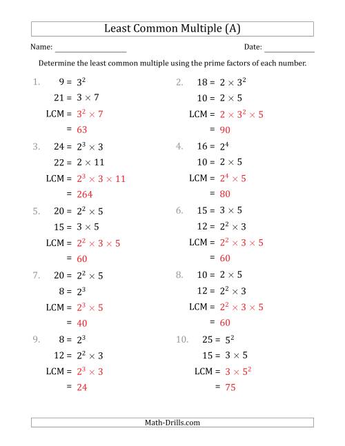 The Least Common Multiples of Numbers to 25 from Prime Factors with LCM's Not Equal to Numbers or Products (A) Math Worksheet Page 2