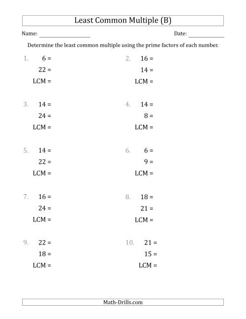 The Least Common Multiples of Numbers to 25 from Prime Factors with LCM's Not Equal to Numbers or Products (B) Math Worksheet