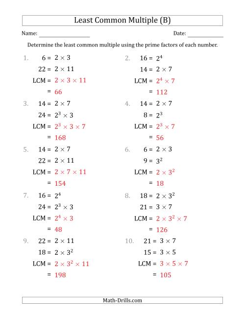 The Least Common Multiples of Numbers to 25 from Prime Factors with LCM's Not Equal to Numbers or Products (B) Math Worksheet Page 2