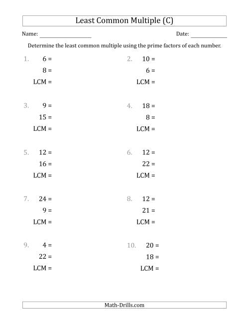 The Least Common Multiples of Numbers to 25 from Prime Factors with LCM's Not Equal to Numbers or Products (C) Math Worksheet