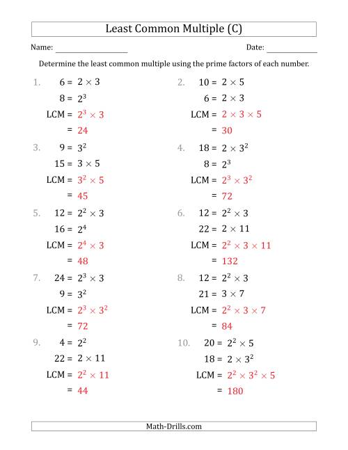 The Least Common Multiples of Numbers to 25 from Prime Factors with LCM's Not Equal to Numbers or Products (C) Math Worksheet Page 2