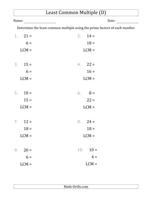 The Least Common Multiples of Numbers to 25 from Prime Factors with LCM's Not Equal to Numbers or Products (D) Math Worksheet