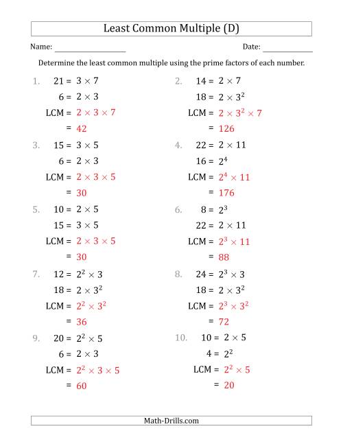 The Least Common Multiples of Numbers to 25 from Prime Factors with LCM's Not Equal to Numbers or Products (D) Math Worksheet Page 2
