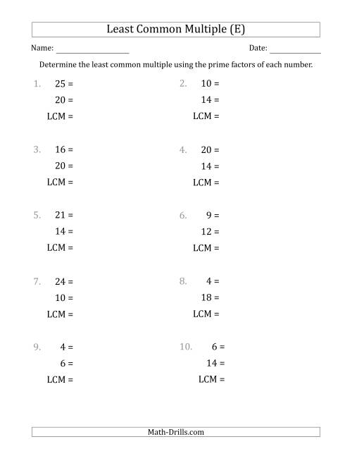 The Least Common Multiples of Numbers to 25 from Prime Factors with LCM's Not Equal to Numbers or Products (E) Math Worksheet