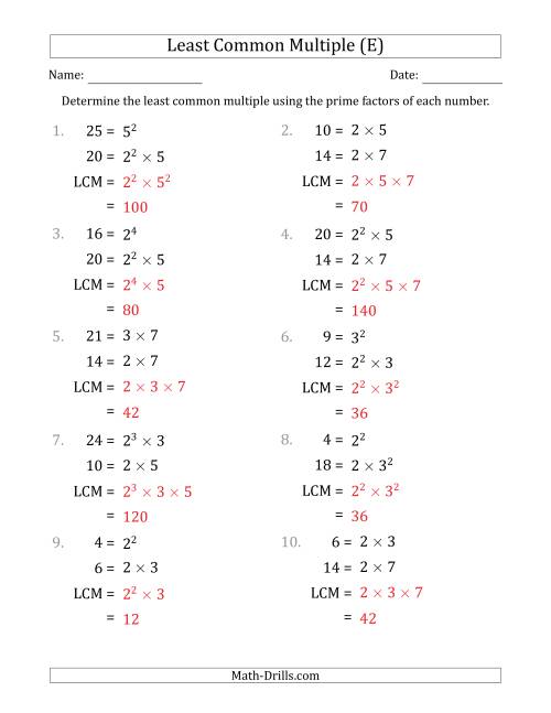The Least Common Multiples of Numbers to 25 from Prime Factors with LCM's Not Equal to Numbers or Products (E) Math Worksheet Page 2