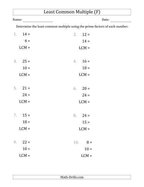 The Least Common Multiples of Numbers to 25 from Prime Factors with LCM's Not Equal to Numbers or Products (F) Math Worksheet