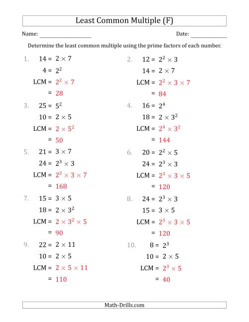 The Least Common Multiples of Numbers to 25 from Prime Factors with LCM's Not Equal to Numbers or Products (F) Math Worksheet Page 2