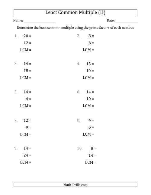The Least Common Multiples of Numbers to 25 from Prime Factors with LCM's Not Equal to Numbers or Products (H) Math Worksheet