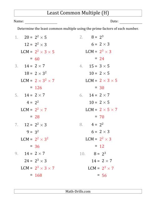 The Least Common Multiples of Numbers to 25 from Prime Factors with LCM's Not Equal to Numbers or Products (H) Math Worksheet Page 2