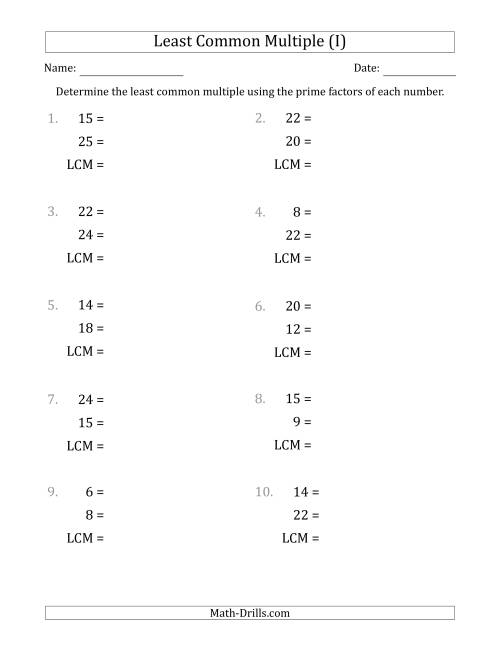 The Least Common Multiples of Numbers to 25 from Prime Factors with LCM's Not Equal to Numbers or Products (I) Math Worksheet