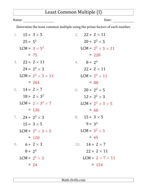 The Least Common Multiples of Numbers to 25 from Prime Factors with LCM's Not Equal to Numbers or Products (I) Math Worksheet Page 2