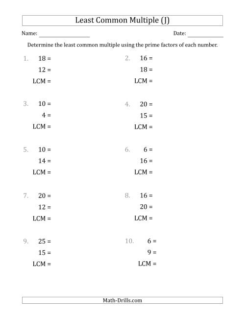 The Least Common Multiples of Numbers to 25 from Prime Factors with LCM's Not Equal to Numbers or Products (J) Math Worksheet