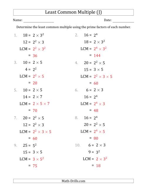 The Least Common Multiples of Numbers to 25 from Prime Factors with LCM's Not Equal to Numbers or Products (J) Math Worksheet Page 2
