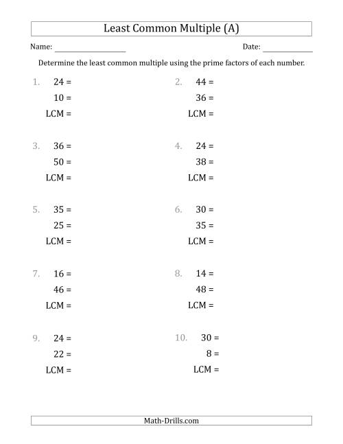 The Least Common Multiples of Numbers to 50 from Prime Factors with LCM's Not Equal to Numbers or Products (A) Math Worksheet