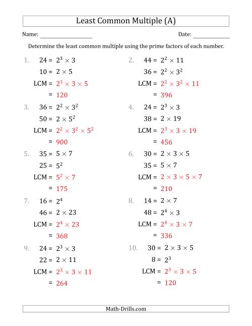 The Least Common Multiples of Numbers to 50 from Prime Factors with LCM's Not Equal to Numbers or Products (A) Math Worksheet Page 2