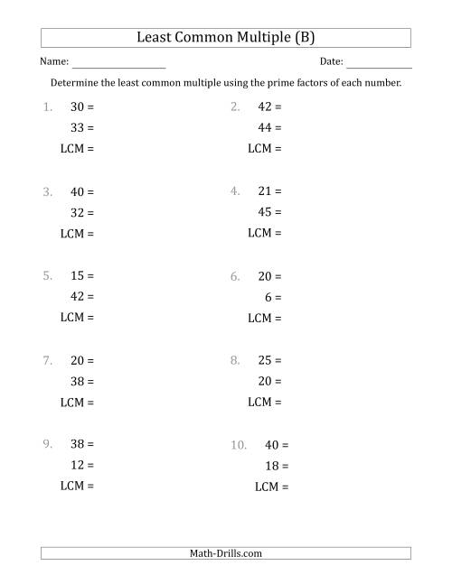 The Least Common Multiples of Numbers to 50 from Prime Factors with LCM's Not Equal to Numbers or Products (B) Math Worksheet