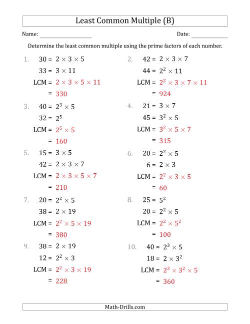 The Least Common Multiples of Numbers to 50 from Prime Factors with LCM's Not Equal to Numbers or Products (B) Math Worksheet Page 2