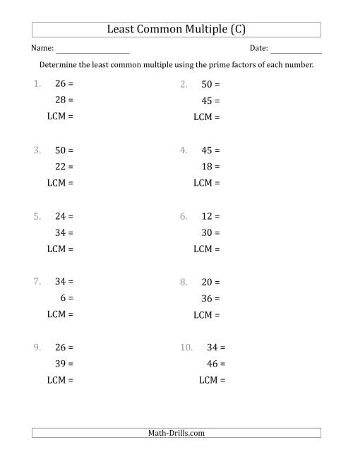 The Least Common Multiples of Numbers to 50 from Prime Factors with LCM's Not Equal to Numbers or Products (C) Math Worksheet