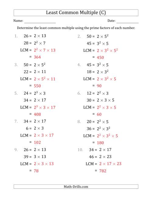 The Least Common Multiples of Numbers to 50 from Prime Factors with LCM's Not Equal to Numbers or Products (C) Math Worksheet Page 2