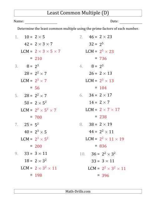 The Least Common Multiples of Numbers to 50 from Prime Factors with LCM's Not Equal to Numbers or Products (D) Math Worksheet Page 2