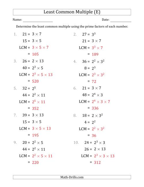 The Least Common Multiples of Numbers to 50 from Prime Factors with LCM's Not Equal to Numbers or Products (E) Math Worksheet Page 2