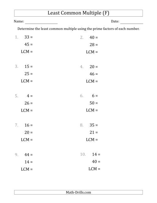 The Least Common Multiples of Numbers to 50 from Prime Factors with LCM's Not Equal to Numbers or Products (F) Math Worksheet