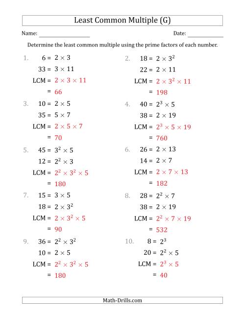 The Least Common Multiples of Numbers to 50 from Prime Factors with LCM's Not Equal to Numbers or Products (G) Math Worksheet Page 2