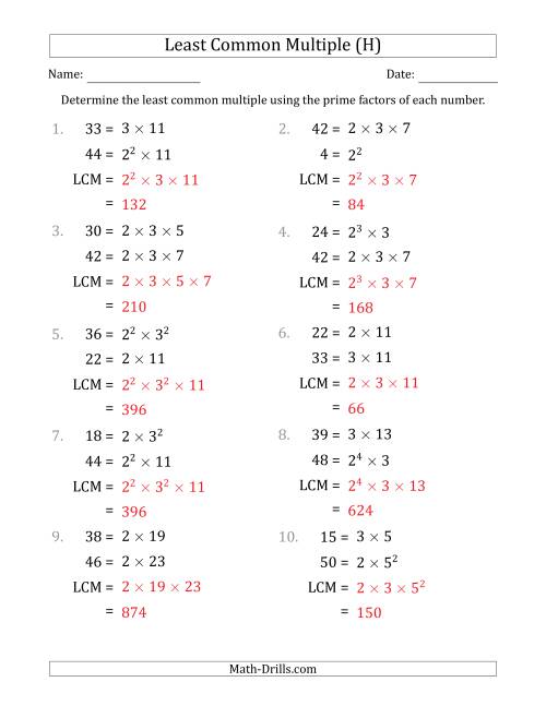 The Least Common Multiples of Numbers to 50 from Prime Factors with LCM's Not Equal to Numbers or Products (H) Math Worksheet Page 2