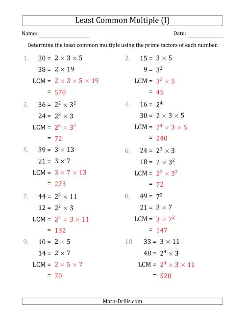 The Least Common Multiples of Numbers to 50 from Prime Factors with LCM's Not Equal to Numbers or Products (I) Math Worksheet Page 2