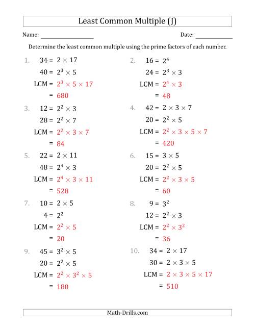 The Least Common Multiples of Numbers to 50 from Prime Factors with LCM's Not Equal to Numbers or Products (J) Math Worksheet Page 2