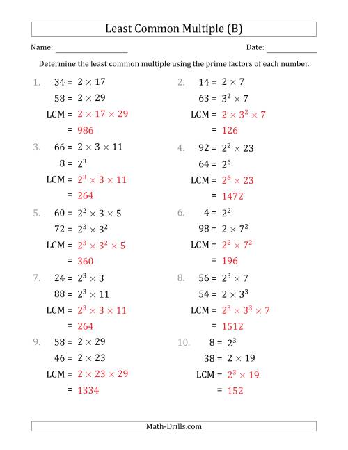 The Least Common Multiples of Numbers to 100 from Prime Factors with LCM's Not Equal to Numbers or Products (B) Math Worksheet Page 2