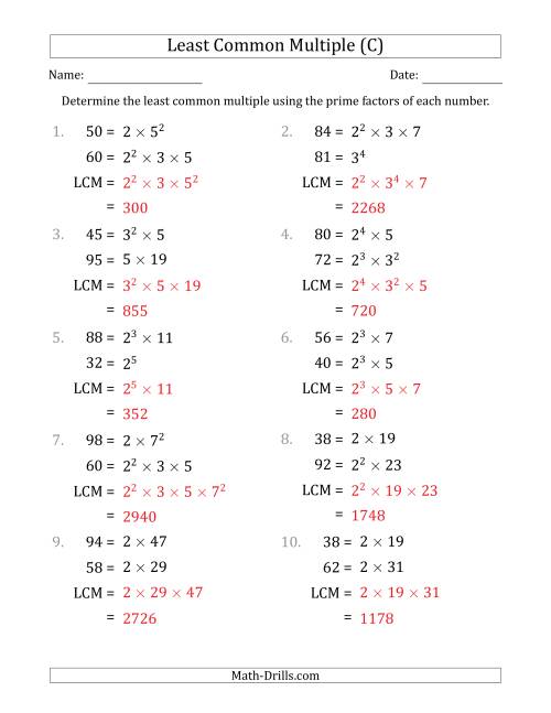 The Least Common Multiples of Numbers to 100 from Prime Factors with LCM's Not Equal to Numbers or Products (C) Math Worksheet Page 2
