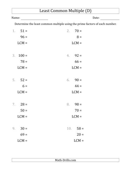 The Least Common Multiples of Numbers to 100 from Prime Factors with LCM's Not Equal to Numbers or Products (D) Math Worksheet