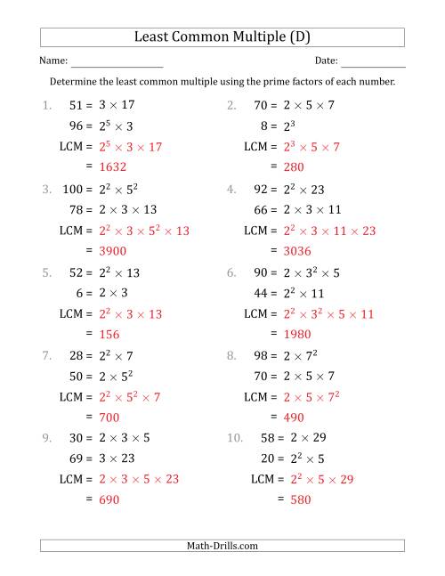 The Least Common Multiples of Numbers to 100 from Prime Factors with LCM's Not Equal to Numbers or Products (D) Math Worksheet Page 2