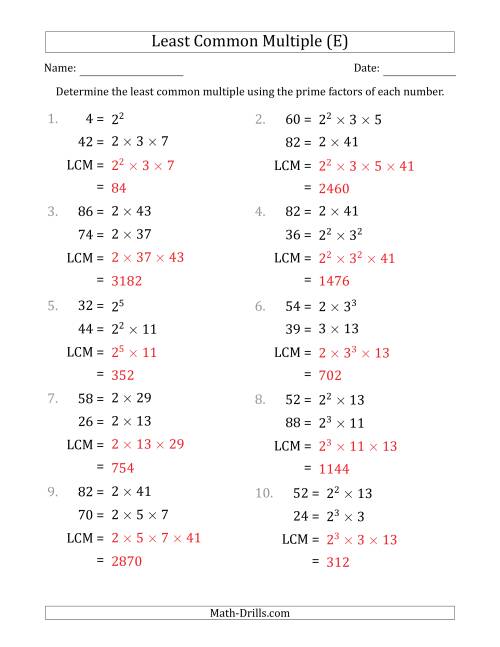 The Least Common Multiples of Numbers to 100 from Prime Factors with LCM's Not Equal to Numbers or Products (E) Math Worksheet Page 2