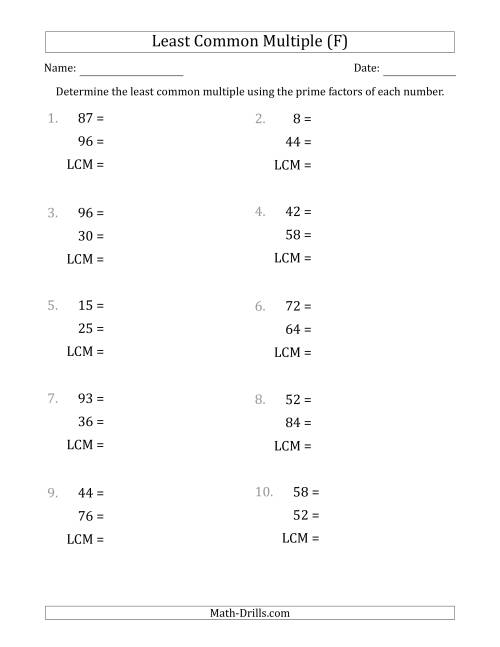 The Least Common Multiples of Numbers to 100 from Prime Factors with LCM's Not Equal to Numbers or Products (F) Math Worksheet