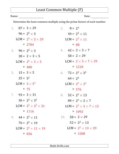 The Least Common Multiples of Numbers to 100 from Prime Factors with LCM's Not Equal to Numbers or Products (F) Math Worksheet Page 2