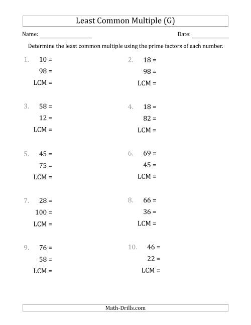 The Least Common Multiples of Numbers to 100 from Prime Factors with LCM's Not Equal to Numbers or Products (G) Math Worksheet