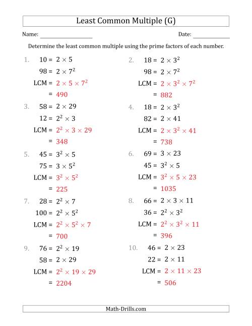 The Least Common Multiples of Numbers to 100 from Prime Factors with LCM's Not Equal to Numbers or Products (G) Math Worksheet Page 2