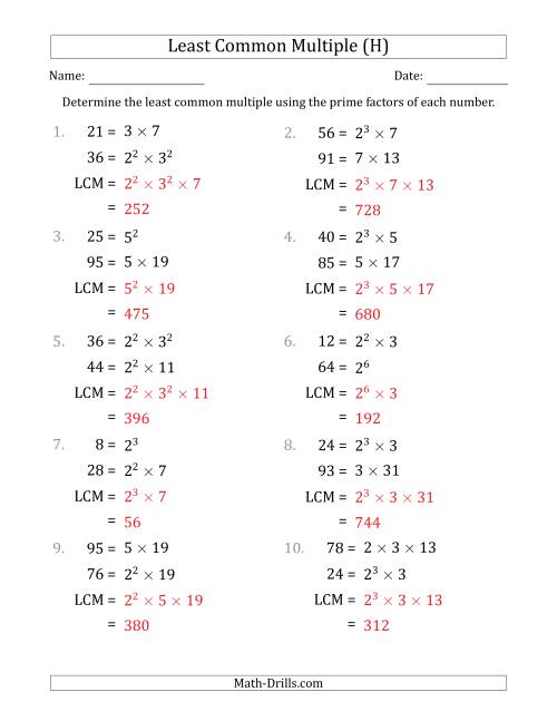 The Least Common Multiples of Numbers to 100 from Prime Factors with LCM's Not Equal to Numbers or Products (H) Math Worksheet Page 2