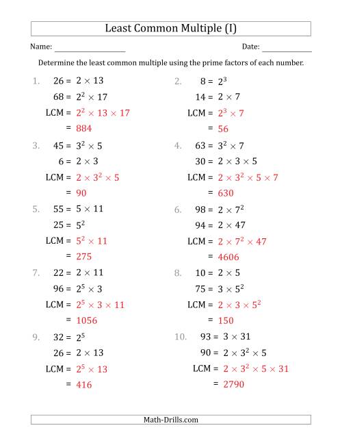 The Least Common Multiples of Numbers to 100 from Prime Factors with LCM's Not Equal to Numbers or Products (I) Math Worksheet Page 2