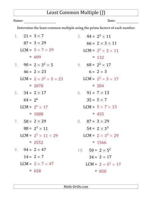 The Least Common Multiples of Numbers to 100 from Prime Factors with LCM's Not Equal to Numbers or Products (J) Math Worksheet Page 2