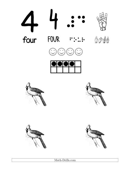 The Number 4 Recognition Poster with a Bird Theme Math Worksheet