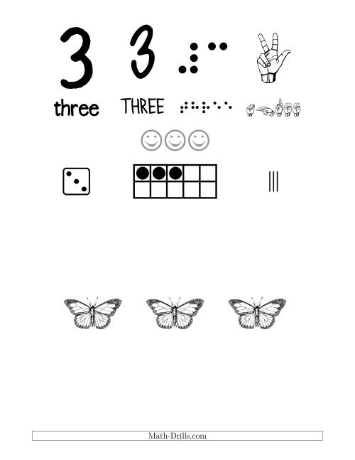 The Number 3 Recognition Poster with a Butterfly Theme Math Worksheet