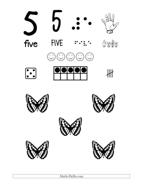 The Number 5 Recognition Poster with a Butterfly Theme Math Worksheet