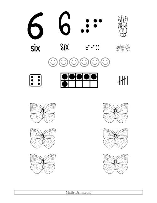 The Number 6 Recognition Poster with a Butterfly Theme Math Worksheet