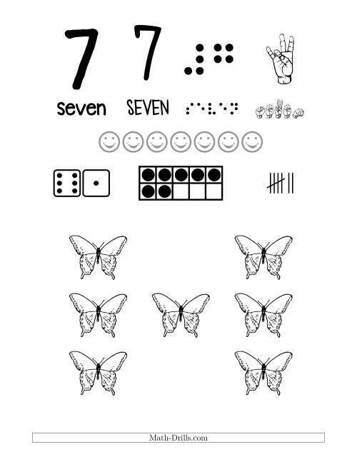 The Number 7 Recognition Poster with a Butterfly Theme Math Worksheet
