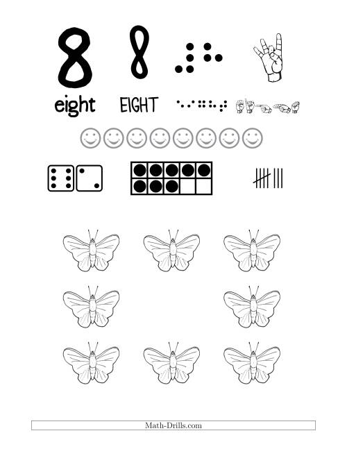 The Number 8 Recognition Poster with a Butterfly Theme Math Worksheet