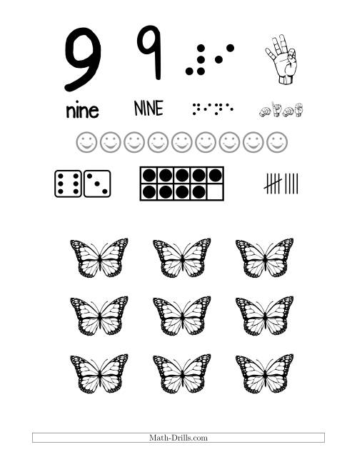 The Number 9 Recognition Poster with a Butterfly Theme Math Worksheet